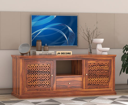 Davis Sheesham Wood TV Cabinet with 2 Doors & Shelf Storage - Honey Finish