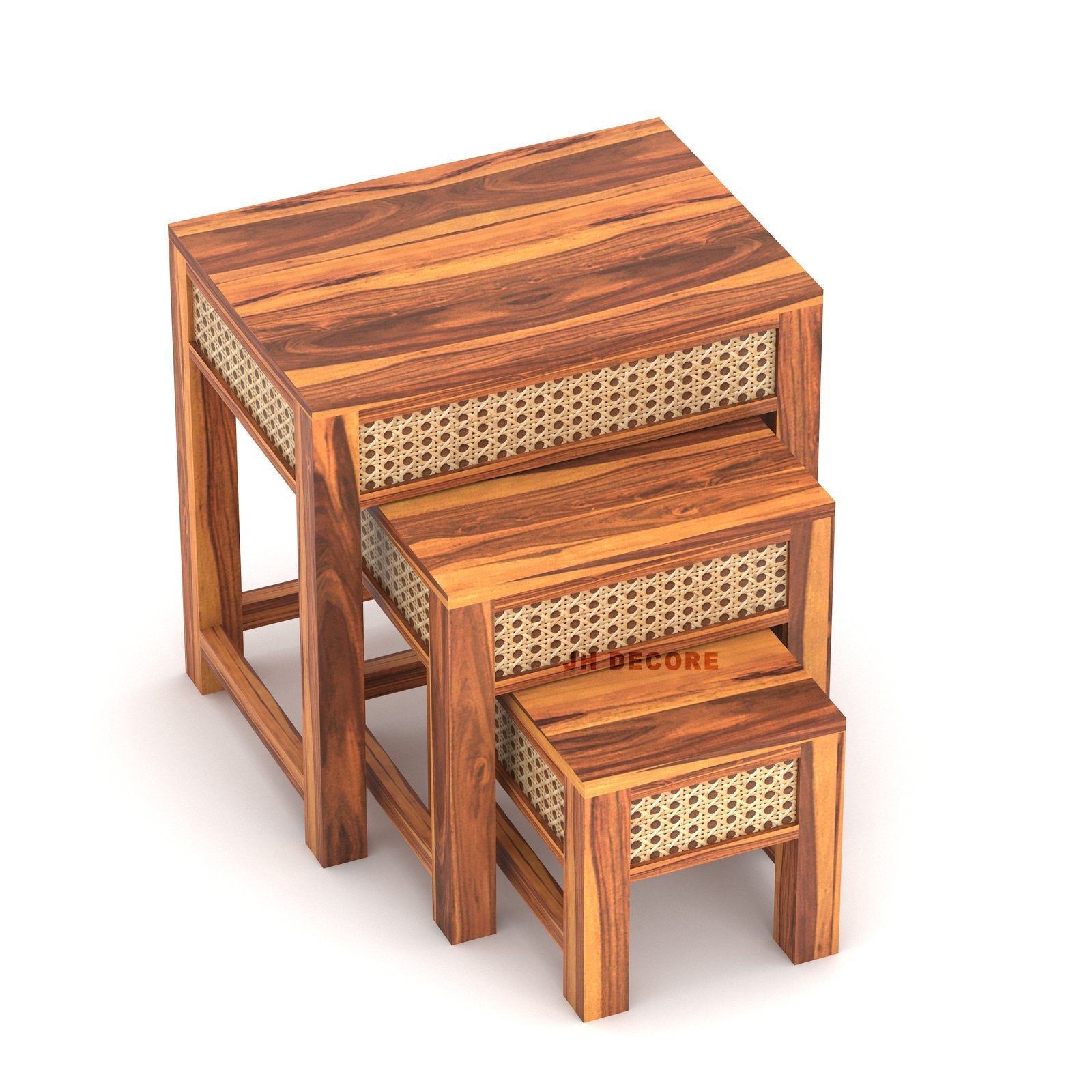 Sheesham Wood Nesting Table Set of 3 Stools | Design 2 | JH Decor - Image 2