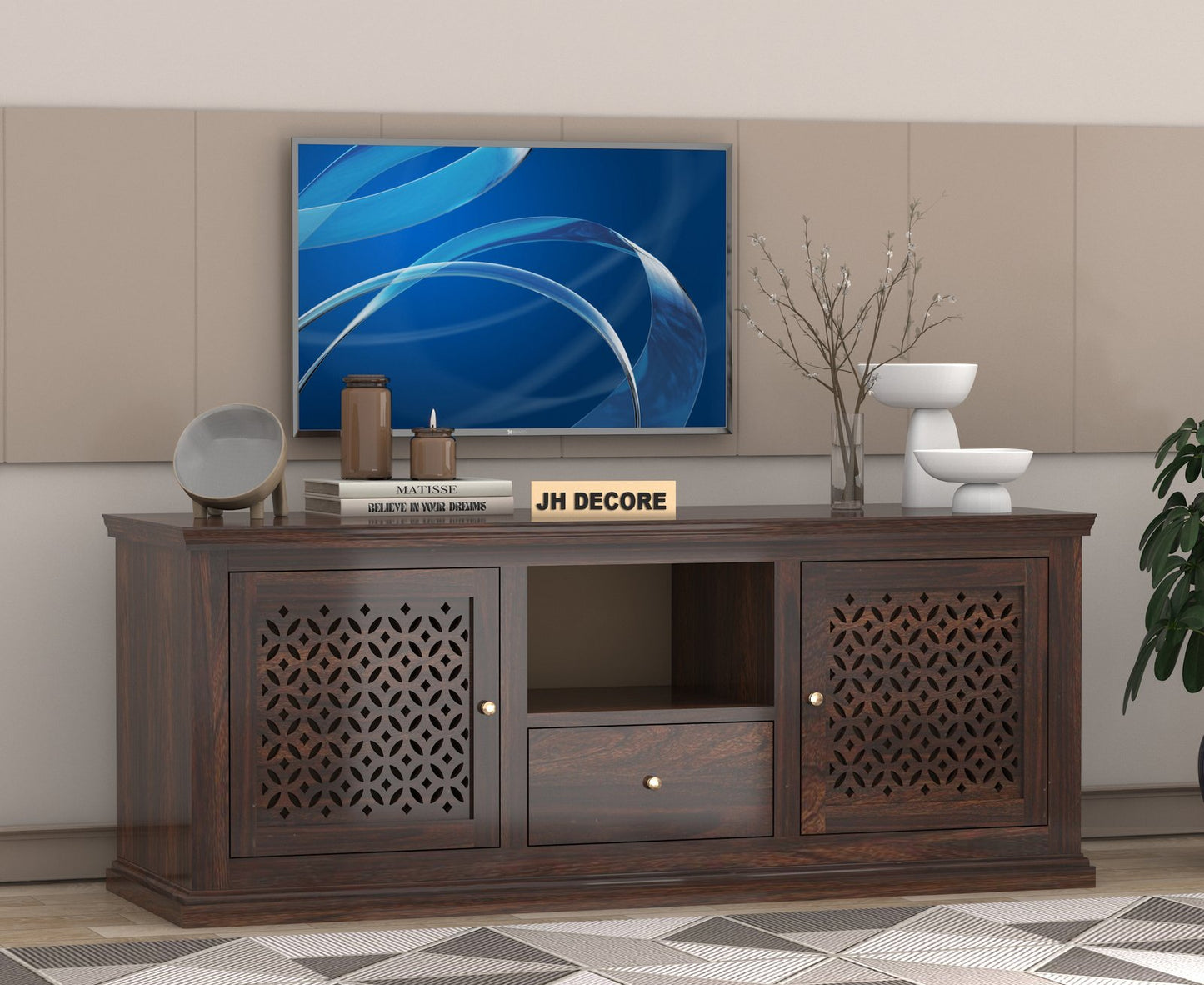 JH Decor Davis Sheesham Wood TV Cabinet with 2 Doors & Shelf Storage