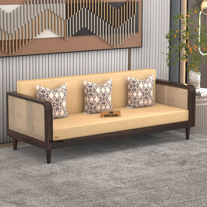 JH Decore Solid Sheesham Wood Cane Design 3 Seater Sofa