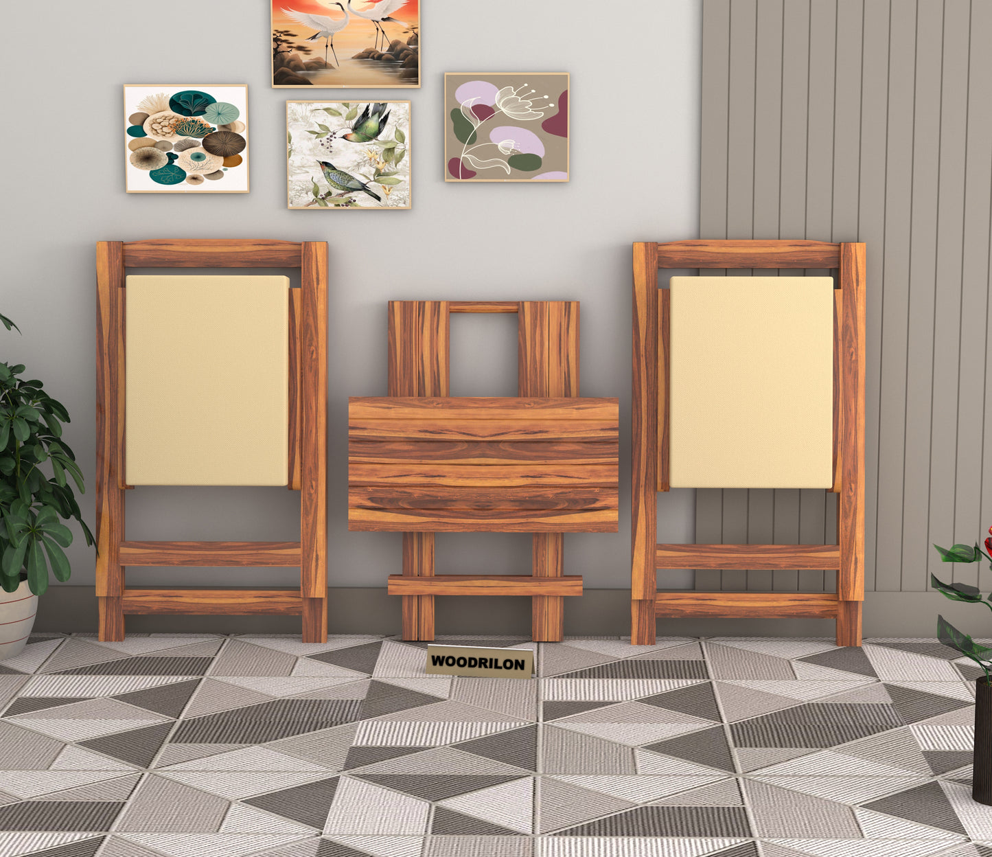 JH Decore Solid Sheesham Wood Folding Dining Table Set with Cushioned Chairs