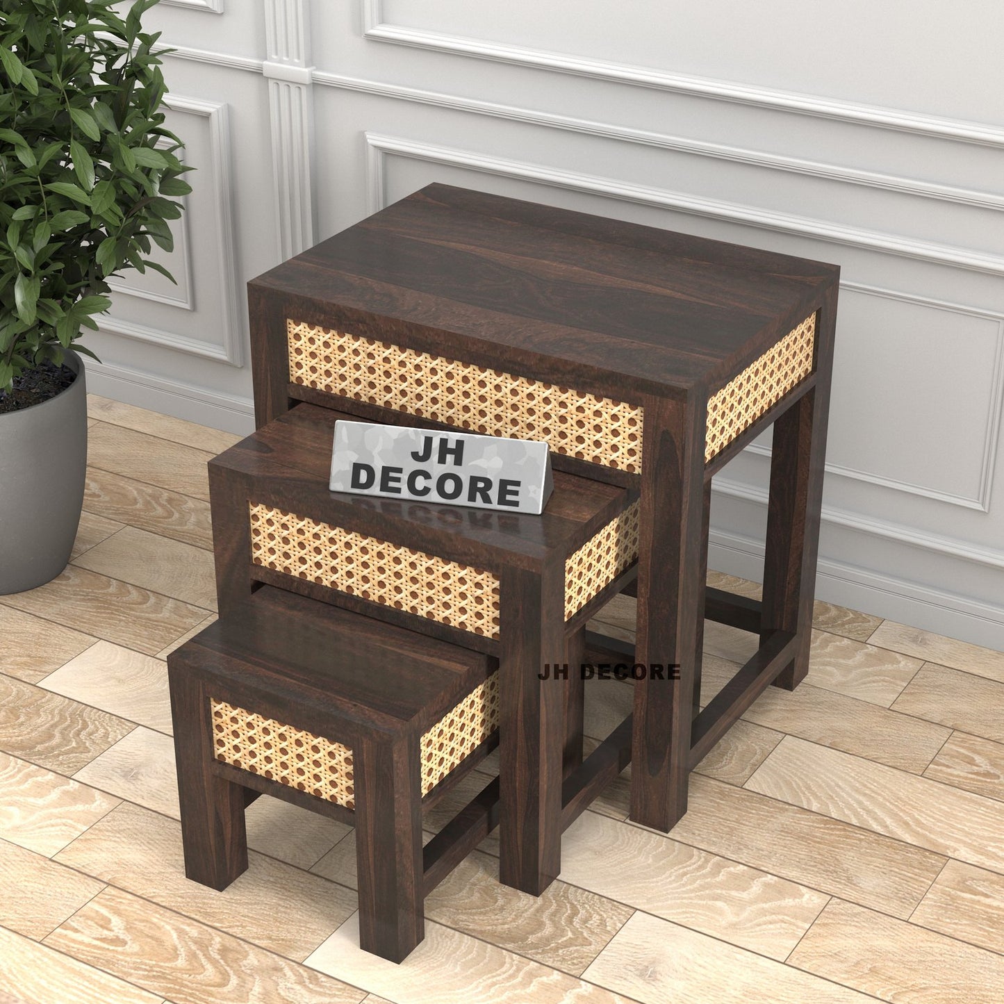 Sheesham Wood Nesting Table Set of 3 Stools | Design 1 | JH Decor
