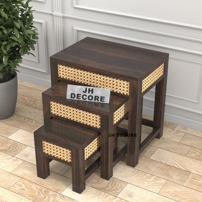 Sheesham Wood Nesting Table Set of 3 Stools | Design 1 | JH Decor
