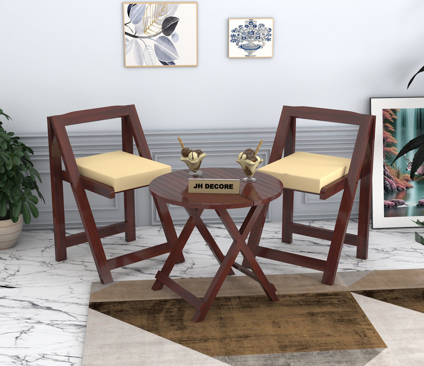 JH Decore Solid Sheesham Wood Folding Coffee Table Set with Cushioned Chairs