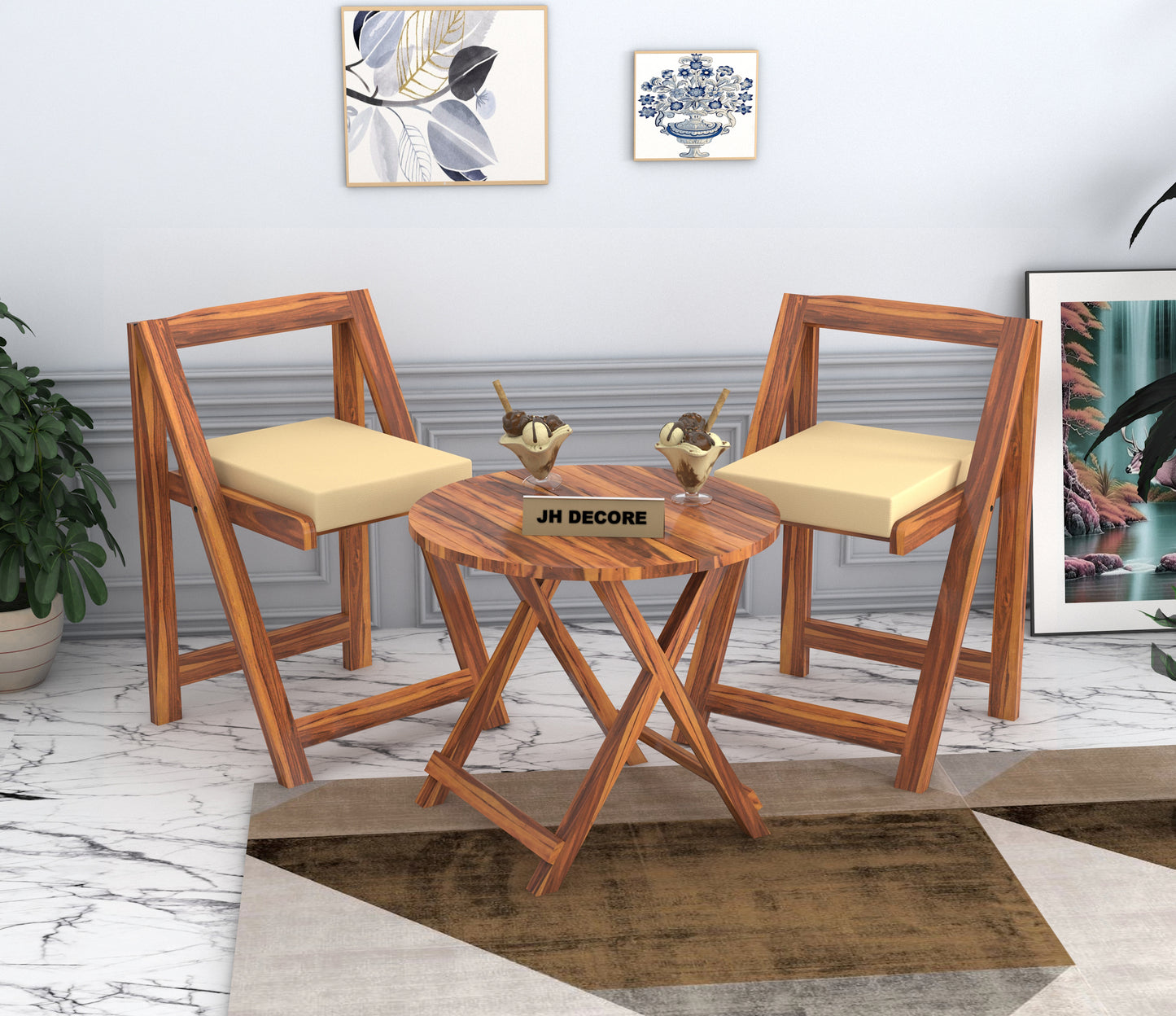 JH Decore Solid Sheesham Wood Folding Coffee Table Set with Cushioned Chairs