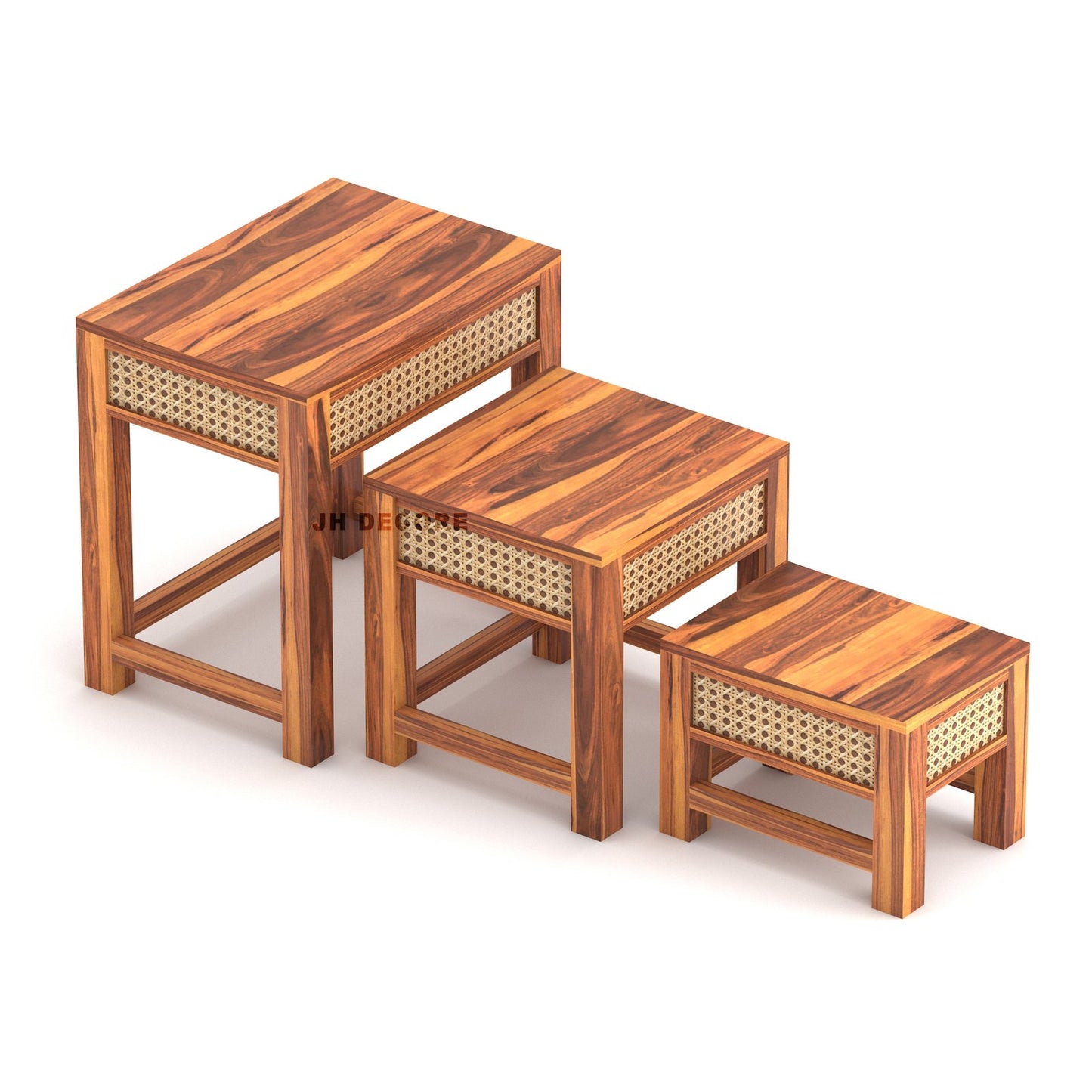 Sheesham Wood Nesting Table Set of 3 Stools | Design 2 | JH Decor - Image 4
