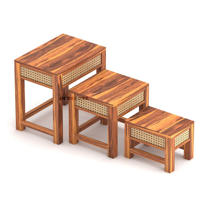 Sheesham Wood Nesting Table Set of 3 Stools | Design 2 | JH Decor - Image 4