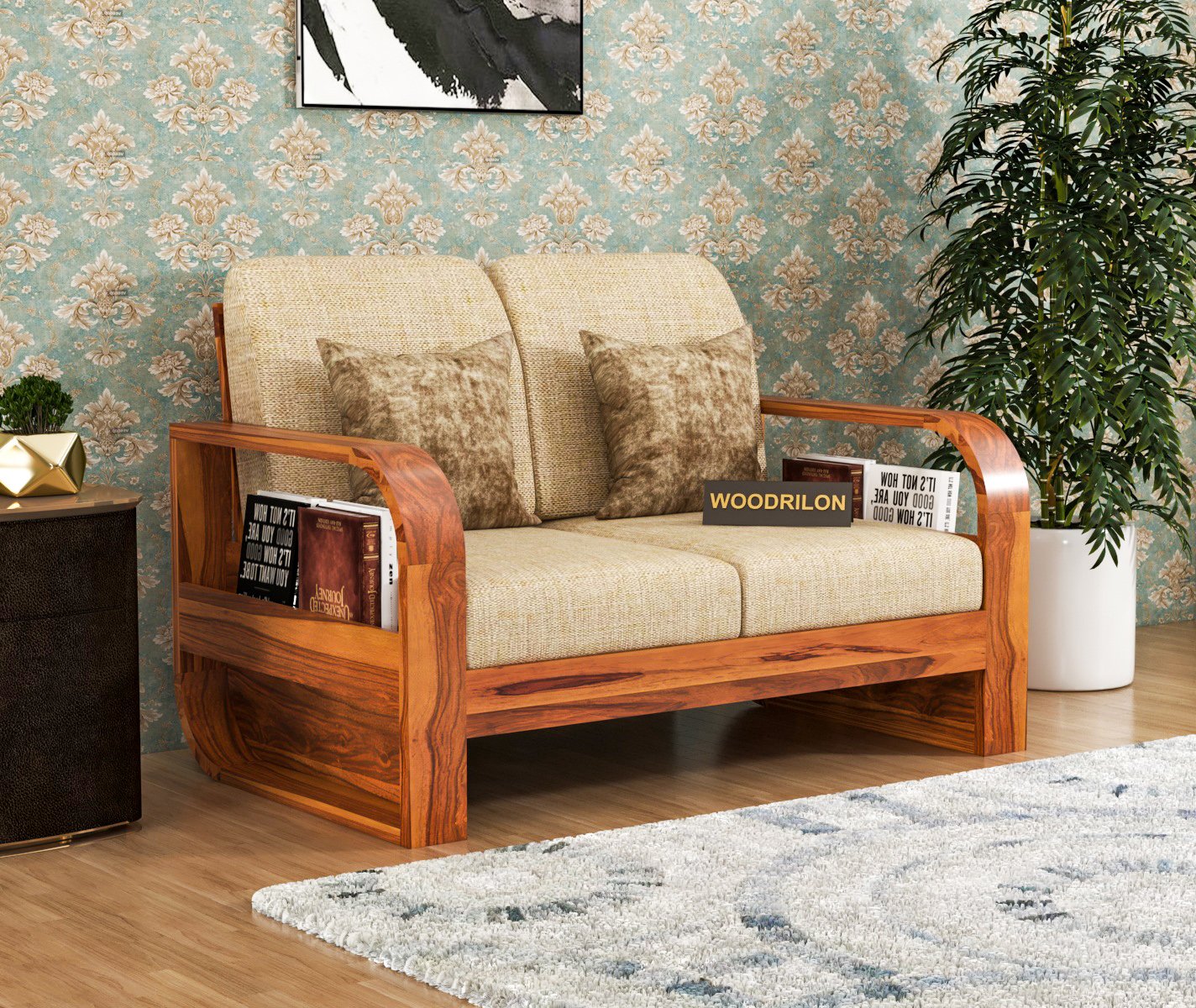 Sheesham Wood 2 Seater Sofa with Curve Handle | JH Decor - Honey Finish
