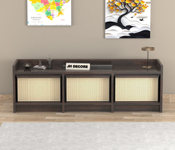 JH Decore Solid Sheesham Wood TV Unit | Modern Rattan Style Entertainment Console for Living Room