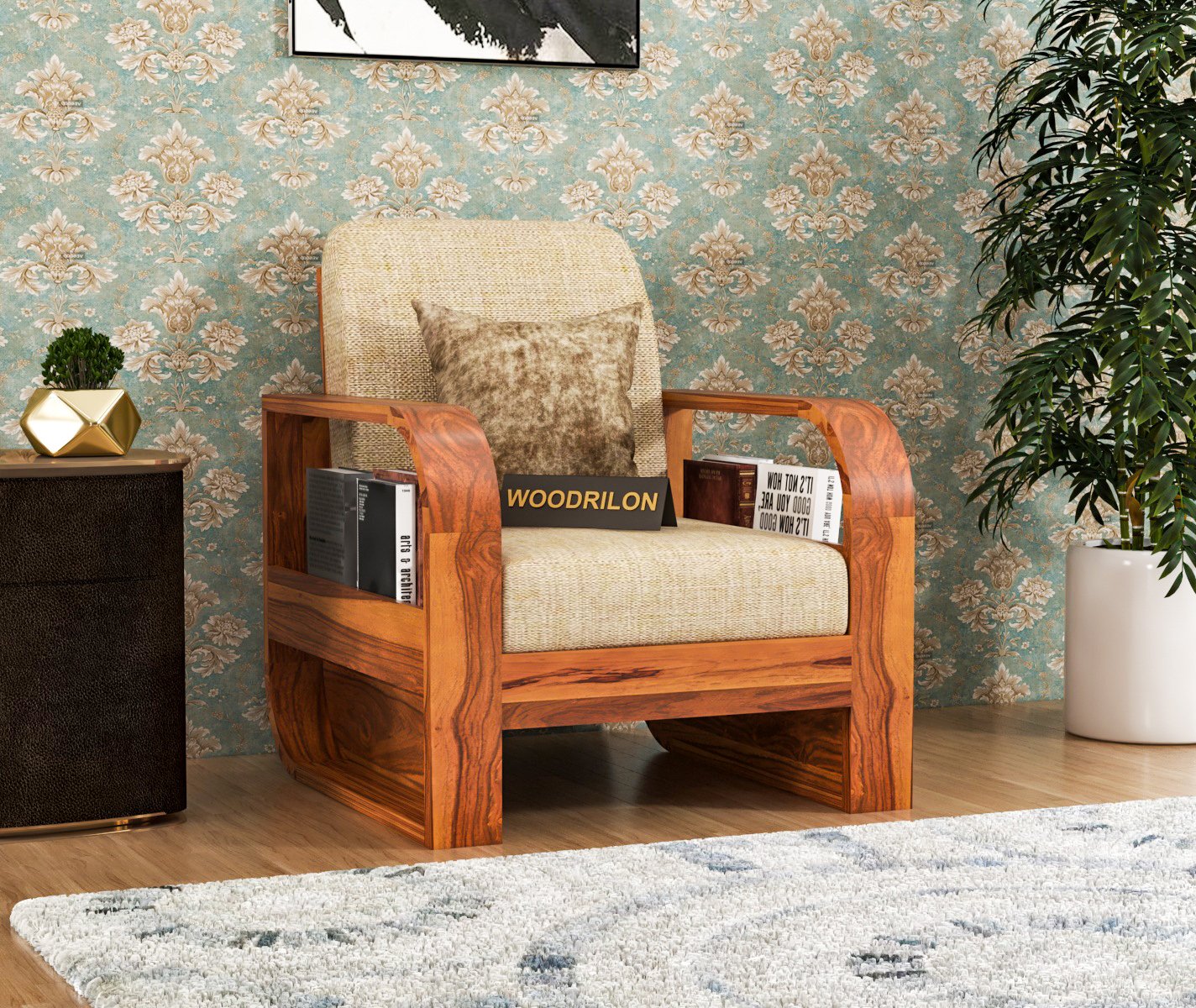 Sheesham Wood 1 Seater Sofa for Living Room | JH Decor - Honey Finish