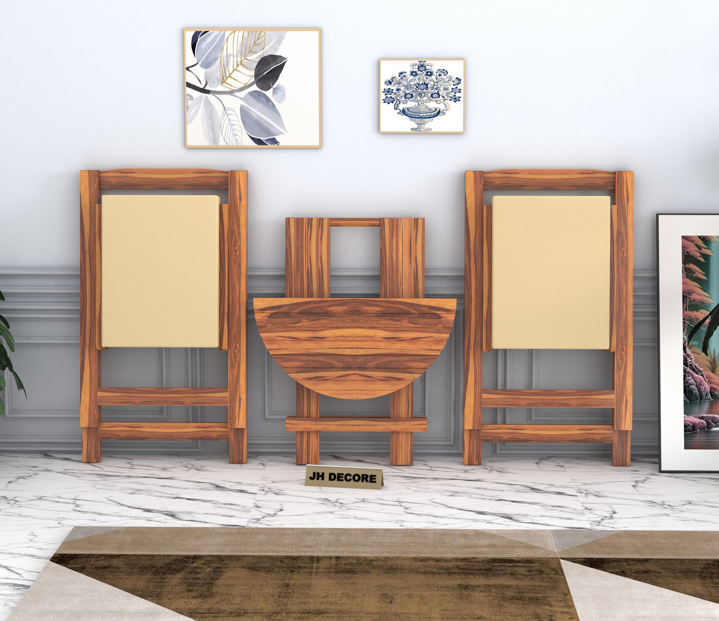 JH Decore Solid Sheesham Wood Folding Coffee Table Set with Cushioned Chairs