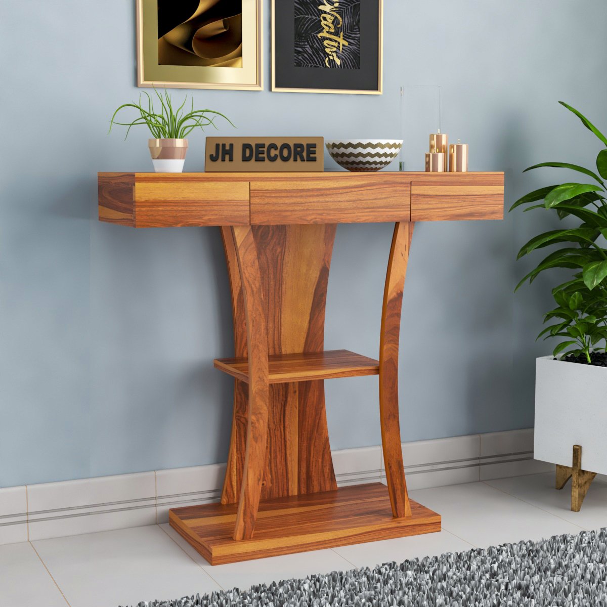 Sheesham Wood Console Table with Drawer & Shelf | JH Decor - Honey Finish