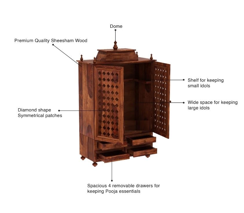 JH Decore Solid Sheesham Wood Temple Cabinet with Drawer Storage