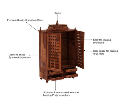JH Decore Solid Sheesham Wood Temple Cabinet with Drawer Storage