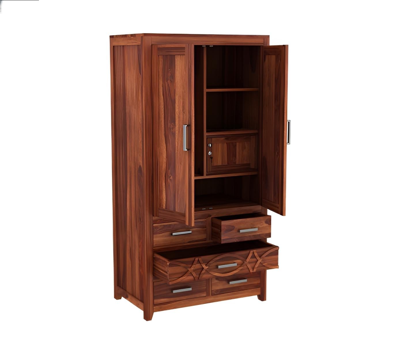 JH Decore Solid Sheesham Wood 2 Door Wardrobe with Multi Drawer Storage