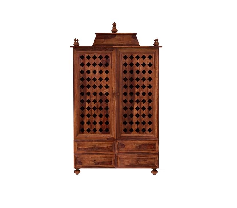 JH Decore Solid Sheesham Wood Temple Cabinet with Drawer Storage