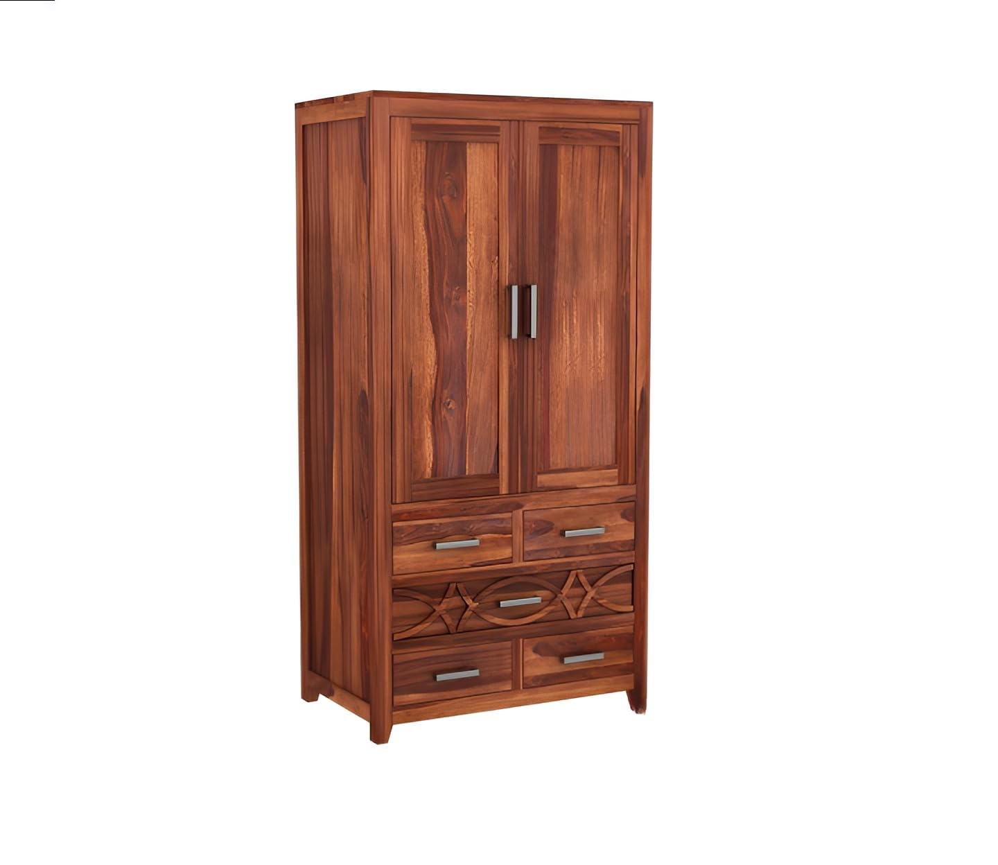 JH Decore Solid Sheesham Wood 2 Door Wardrobe with Multi Drawer Storage