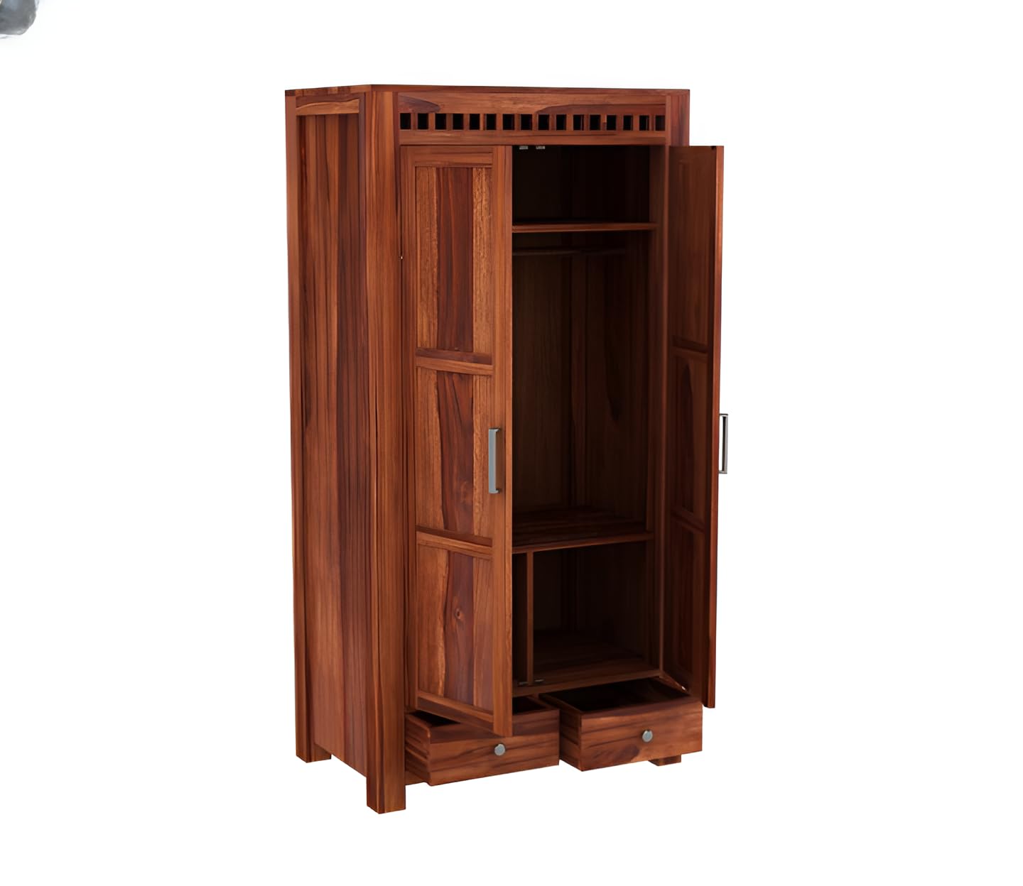 JH Decore Solid Sheesham Wood 2 Door Wardrobe with Bottom Drawers1