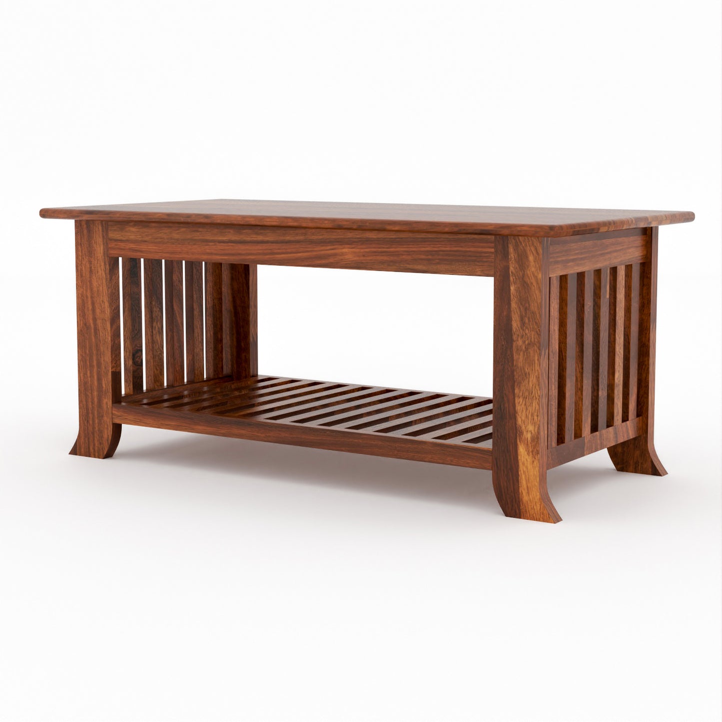 Solid Sheesham Wood Coffee Table with Bottom Storage Shelf