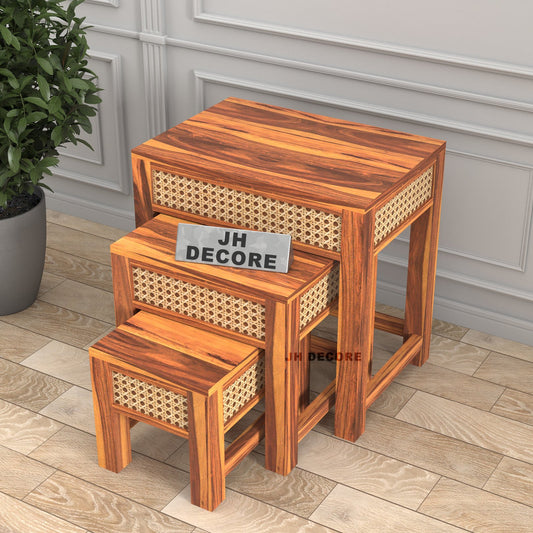 Sheesham Wood Nesting Table Set of 3 Stools | Design 2 | JH Decor