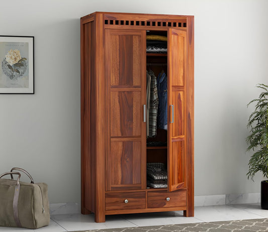 JH Decore Solid Sheesham Wood 2 Door Wardrobe with Bottom Drawers1