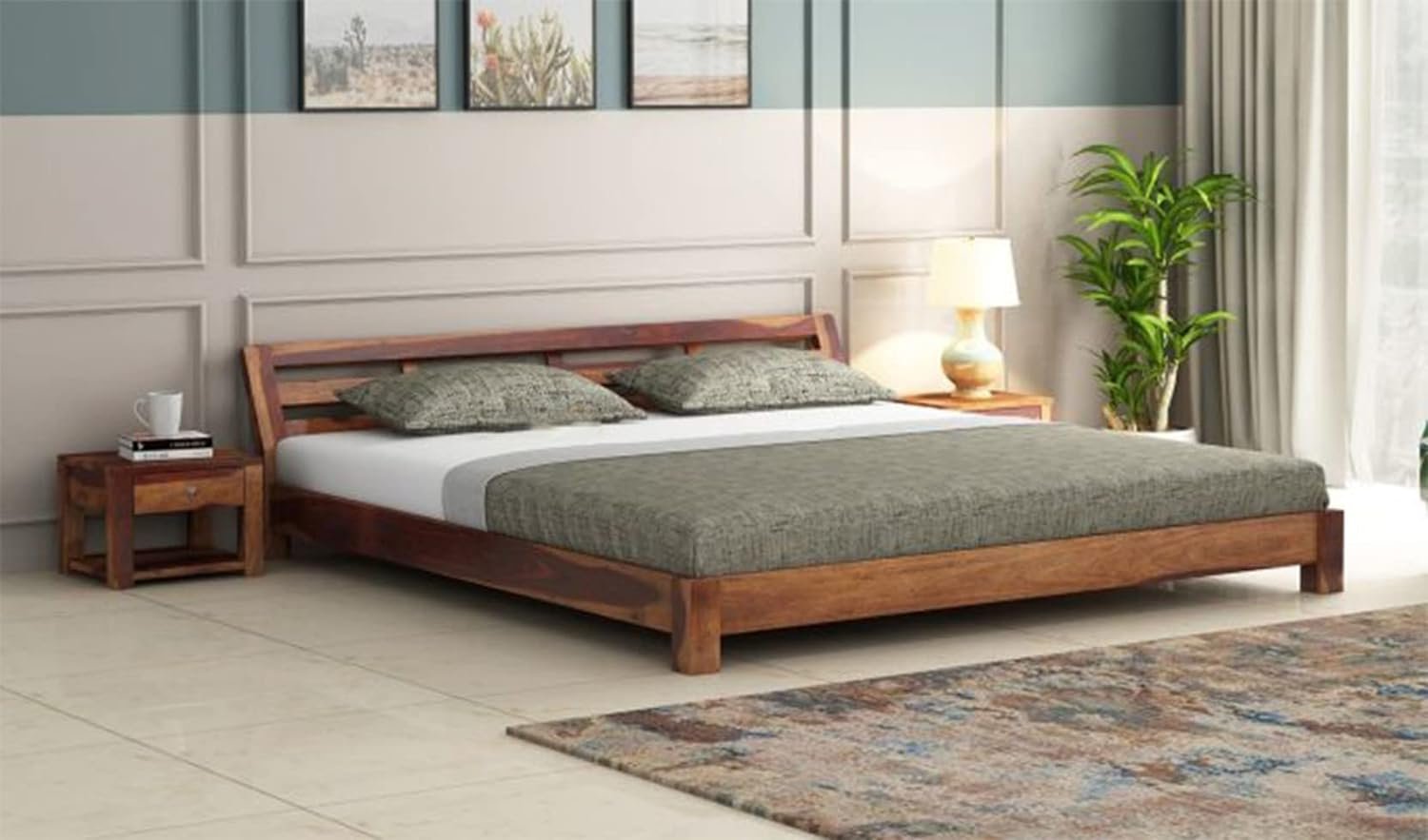 Sheesham Wood Low Height Queen Size Bed Without Storage | JH Decor