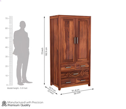 JH Decore Solid Sheesham Wood 2 Door Wardrobe with Multi Drawer Storage