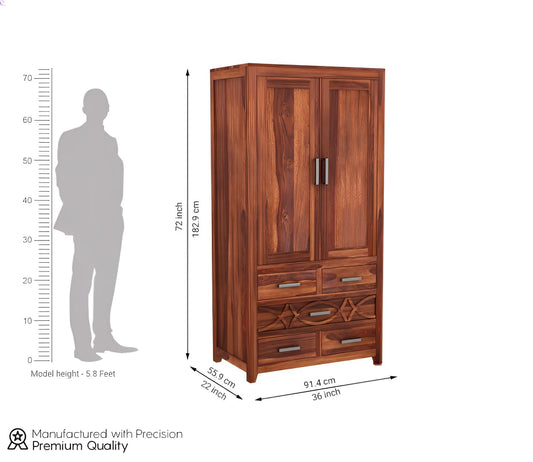 JH Decore Solid Sheesham Wood 2 Door Wardrobe with Multi Drawer Storage
