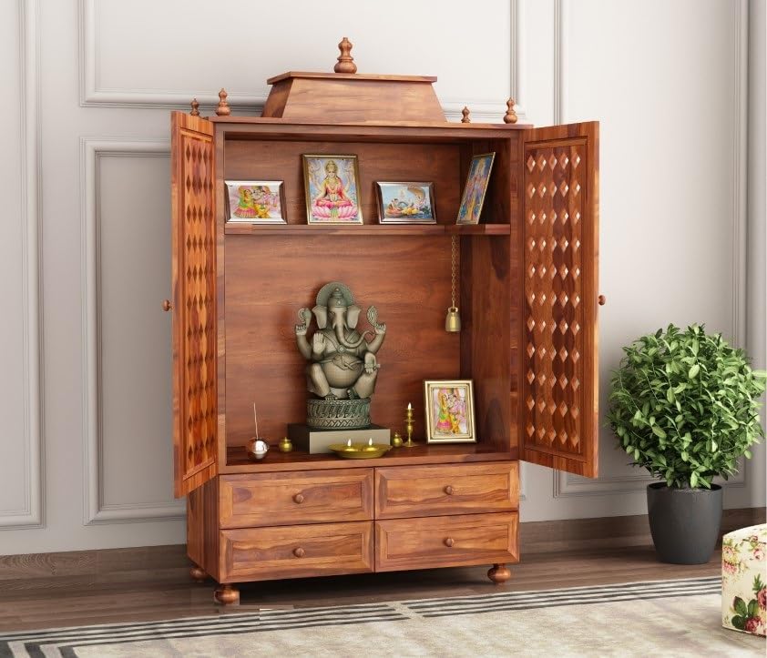 JH Decore Solid Sheesham Wood Temple Cabinet with Drawer Storage