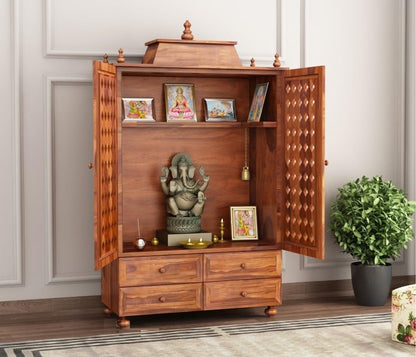 JH Decore Solid Sheesham Wood Temple Cabinet with Drawer Storage