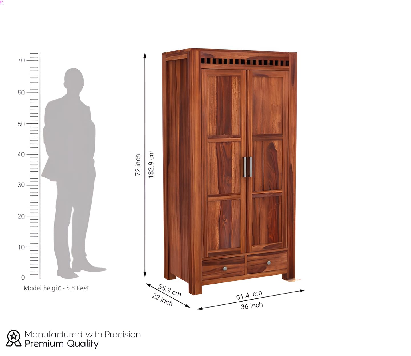 JH Decore Solid Sheesham Wood 2 Door Wardrobe with Bottom Drawers1