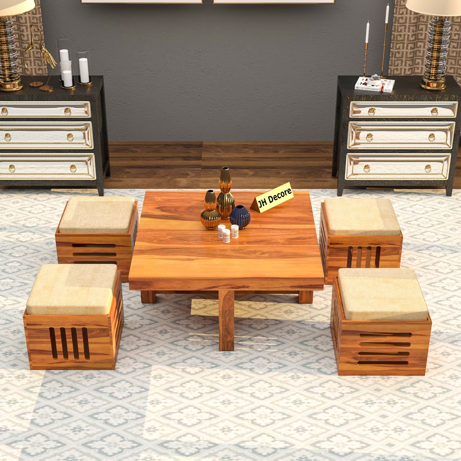 Sheesham Wood Square Coffee Table with 4 Stools | JH Decor - Honey Finish