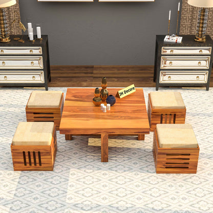 Sheesham Wood Square Coffee Table with 4 Stools | JH Decor - Honey Finish
