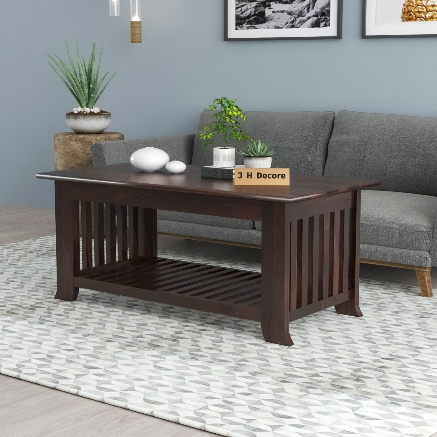 Solid Sheesham Wood Coffee Table with Bottom Storage Shelf