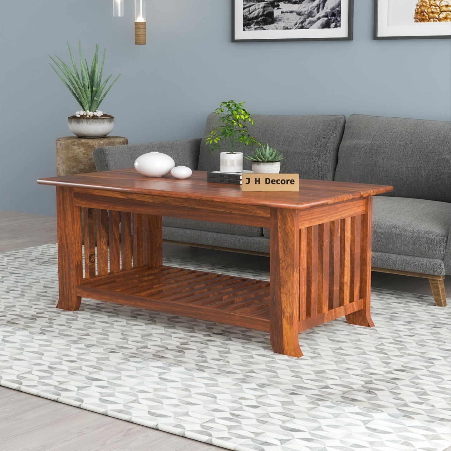 Solid Sheesham Wood Coffee Table with Bottom Storage Shelf