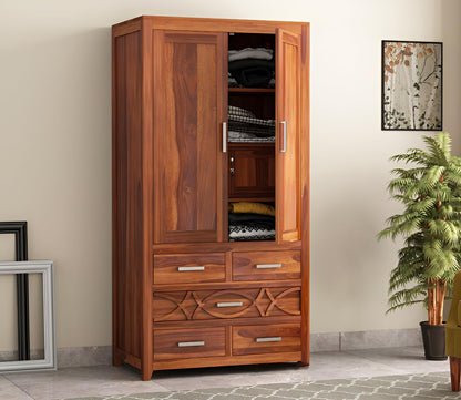 JH Decore Solid Sheesham Wood 2 Door Wardrobe with Multi Drawer Storage