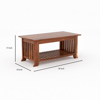 Solid Sheesham Wood Coffee Table with Bottom Storage Shelf
