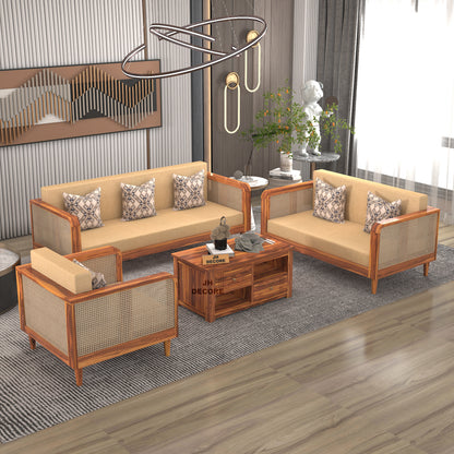 JH Decore Solid Sheesham Wood Cane Design Sofa Set (1 + 2 + 3 )
