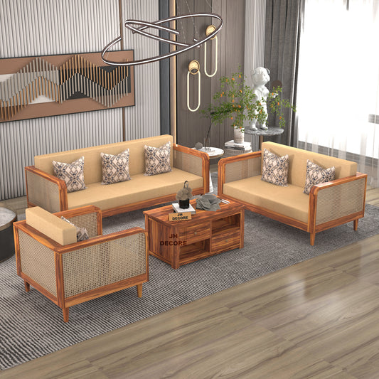 JH Decore Solid Sheesham Wood Cane Design Sofa Set (1 Seater + 2 Seater + 3 Seater)