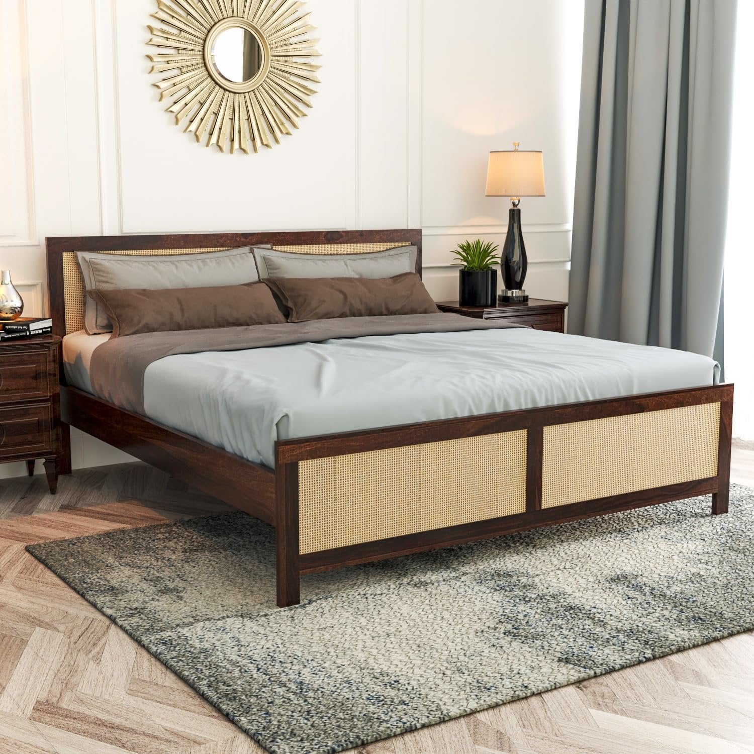 Sheesham Wood Queen Size Cane Bed Without Storage | Teak Finish | JH Decor