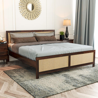 Sheesham Wood Queen Size Cane Bed Without Storage | Teak Finish | JH Decor