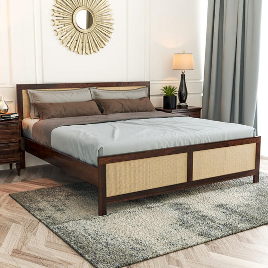 Sheesham Wood Queen Size Cane Bed Without Storage | Teak Finish | JH Decor