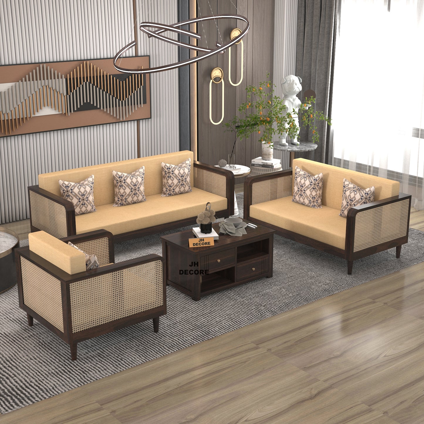 JH Decore Solid Sheesham Wood Cane Design Sofa Set (1+2+3 Seater)