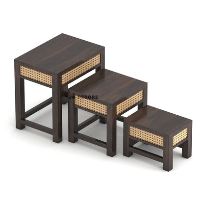 Sheesham Wood Nesting Table Set of 3 Stools | Design 1 | JH Decor - Image 2
