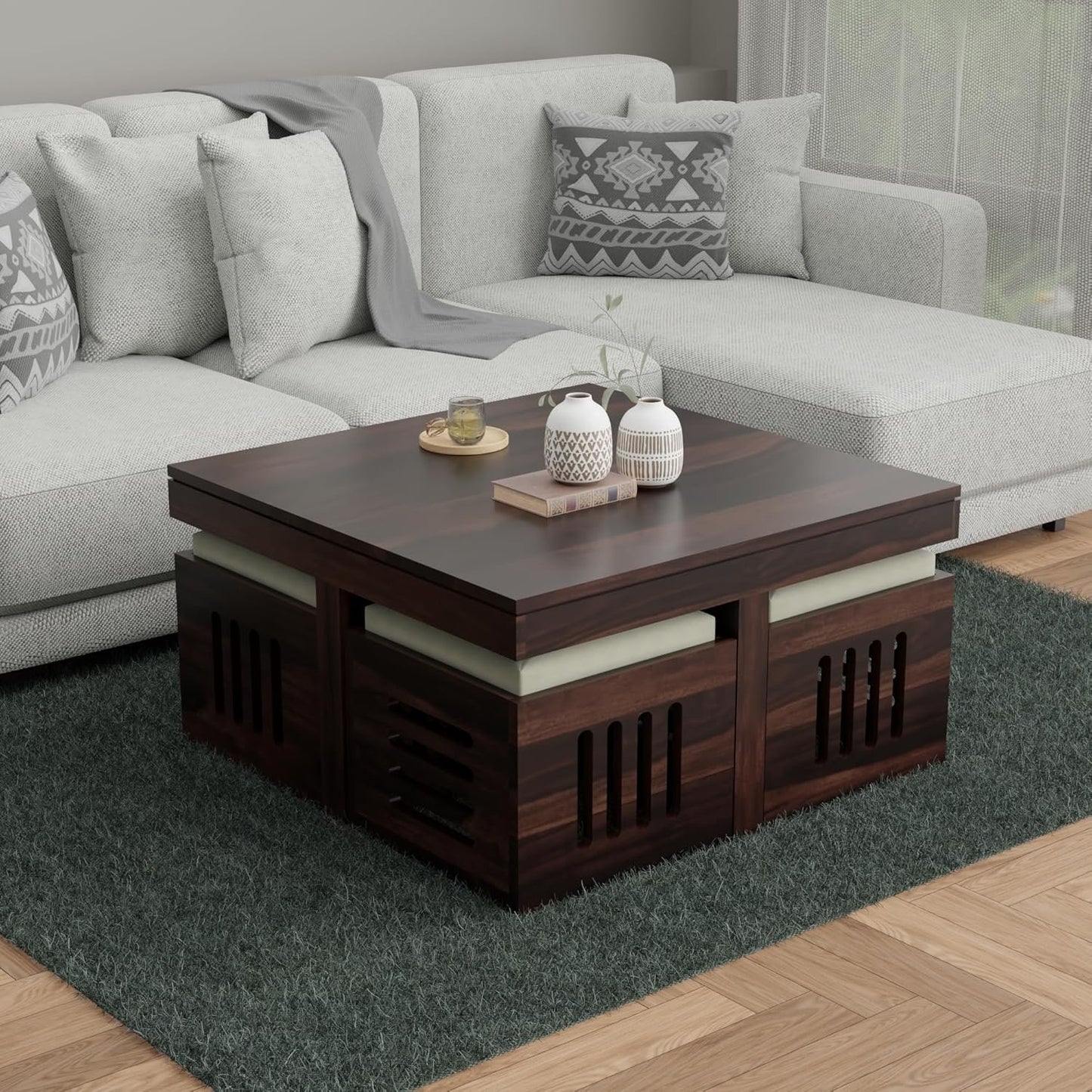 JH Decor Sheesham Wood Square Coffee Table with 4 Stools