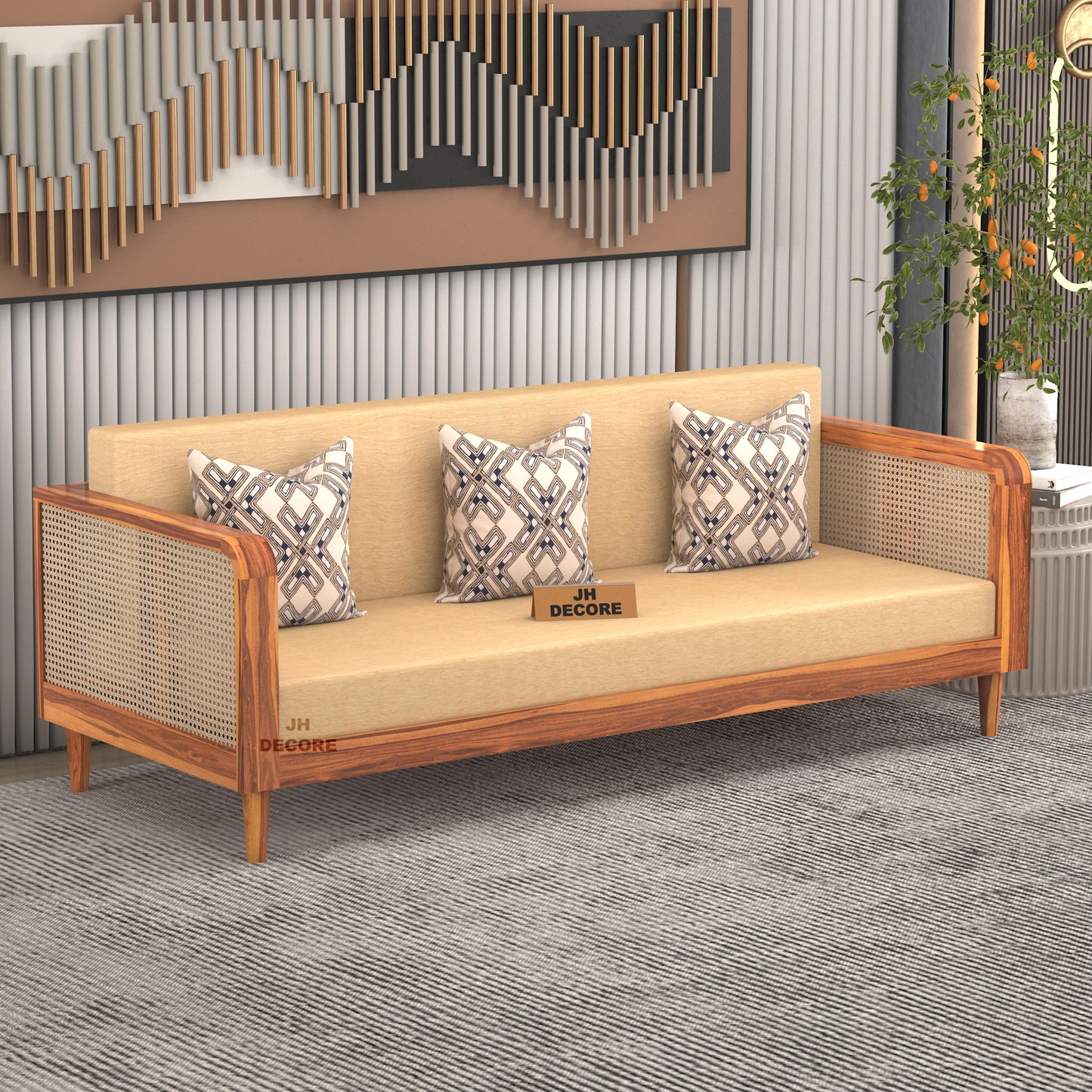 JH Decore Solid Sheesham Wood Cane Design 3 Seater Sofa