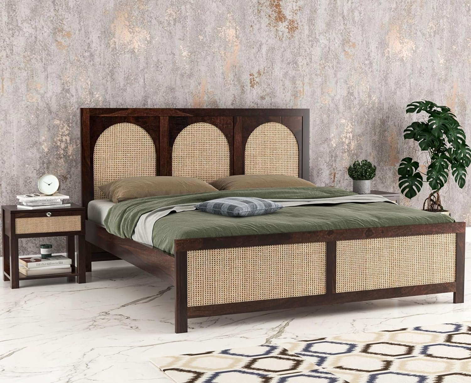 Sheesham Wood Cane Double Bed Without Storage | JH Decor